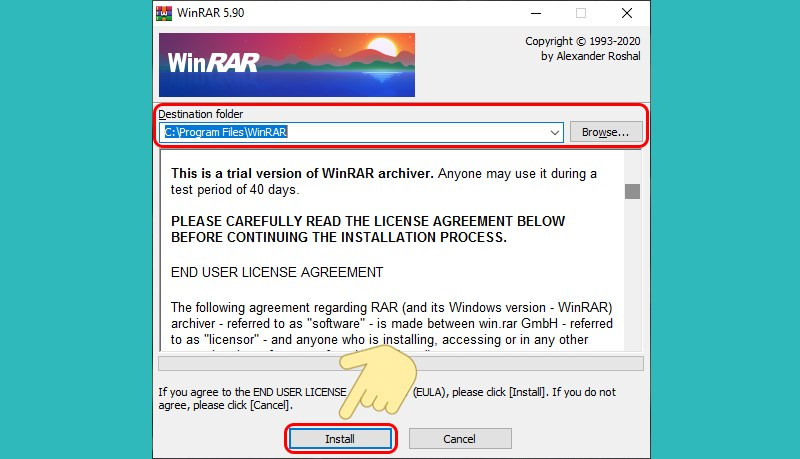 Nhấn Install để bắt đầu quá trình cài WinRAR