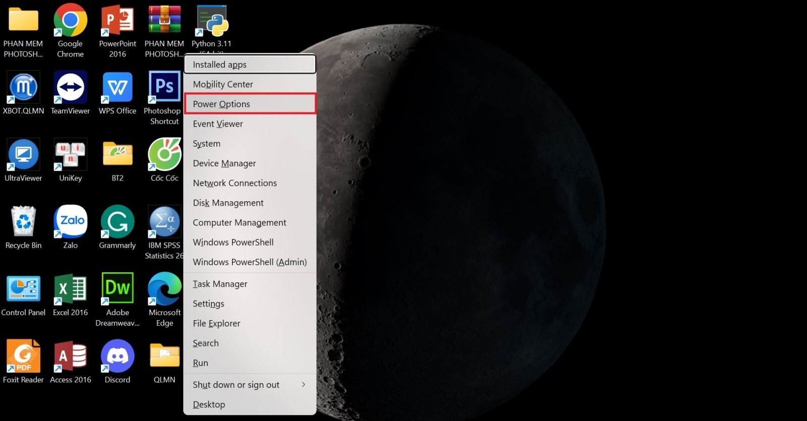 Mở cài đặt Power Options trên Windows 10