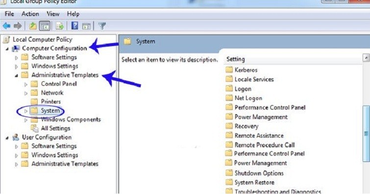 Điều hướng đến thư mục System trong Group Policy Editor