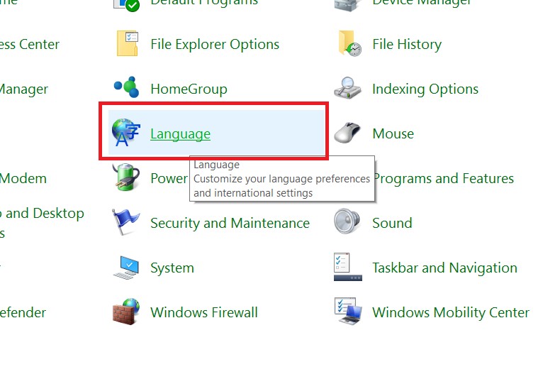 Truy cập phần Language trong Control Panel trên Windows 10