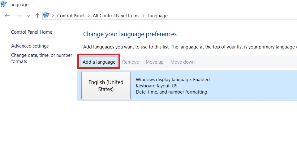 Nhấp vào Add a language để thêm ngôn ngữ mới trên Windows 10