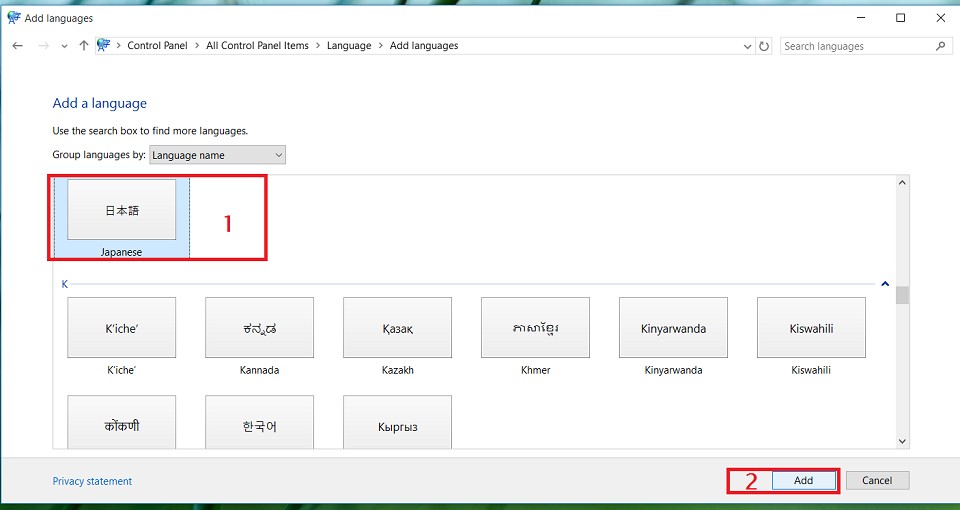 Tìm và chọn Japanese từ danh sách ngôn ngữ trên Windows 10