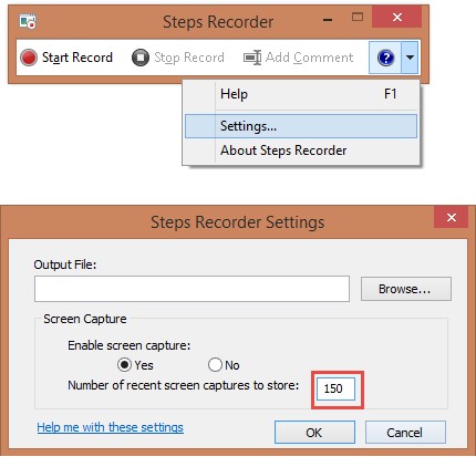 Cài đặt Steps Recorder với các tùy chọn lưu trữ và chụp màn hình