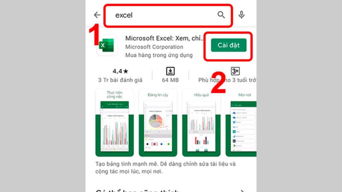 Tìm kiếm Excel trên Google Play Store cho Android