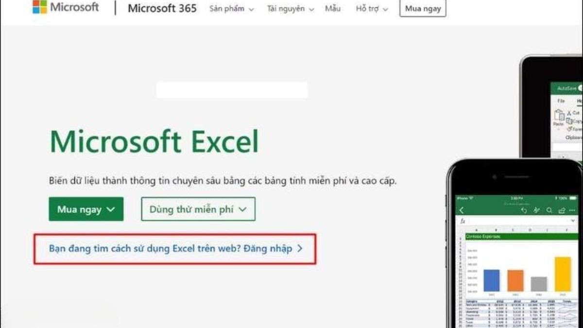 Truy cập trang web và chọn dùng thử miễn phí Excel