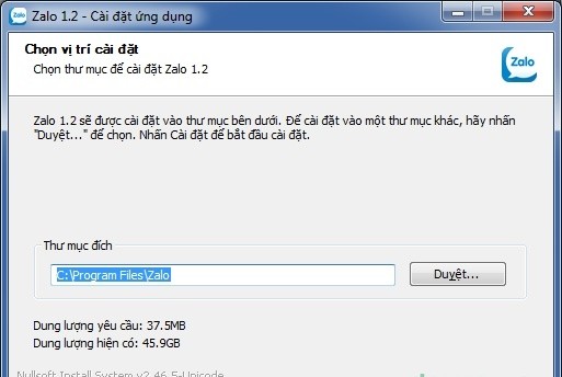 Chọn thư mục cài đặt Zalo trên hệ thống Windows