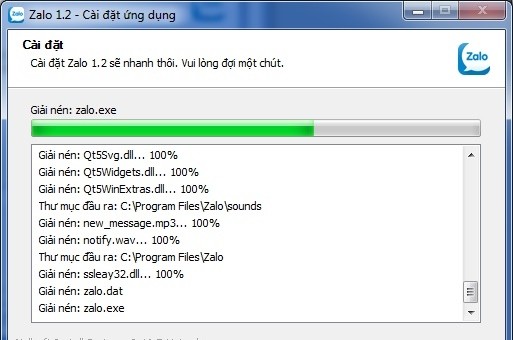 Quá trình cài đặt Zalo trên laptop đang diễn ra