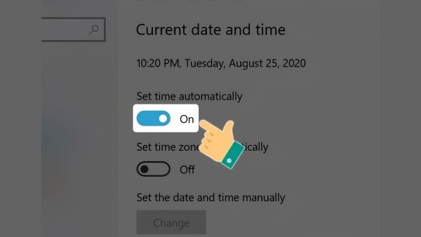 Bật On tính năng “Set time automatically”