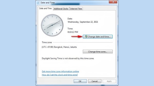 Chọn tiếp “Change date and time” để chỉnh sửa giờ