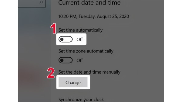 Chọn nút “Change” tại mục “Set the date and time manually”