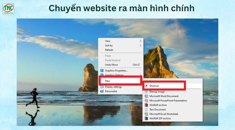 Chọn New Shortcut để tạo lối tắt trang web