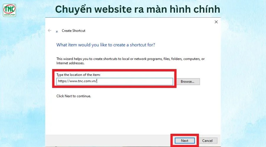 Dán URL vào ô tạo shortcut