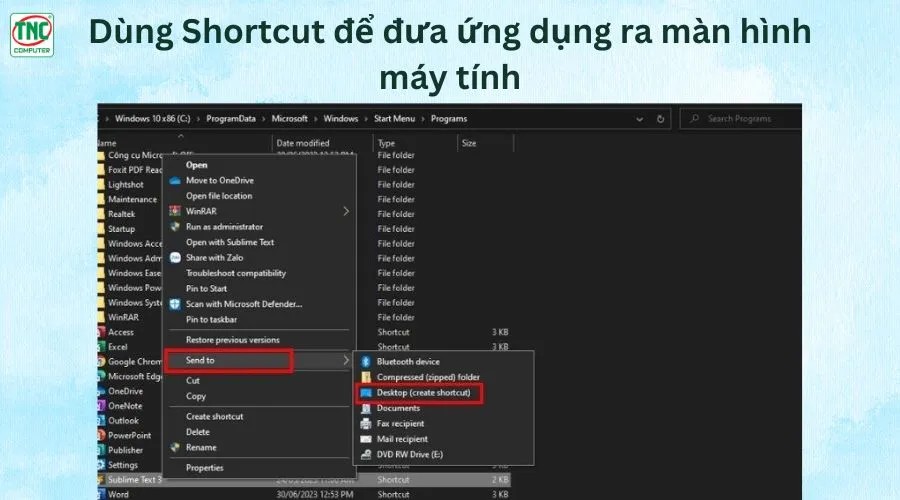 Tạo shortcut ứng dụng bằng cách Send to Desktop