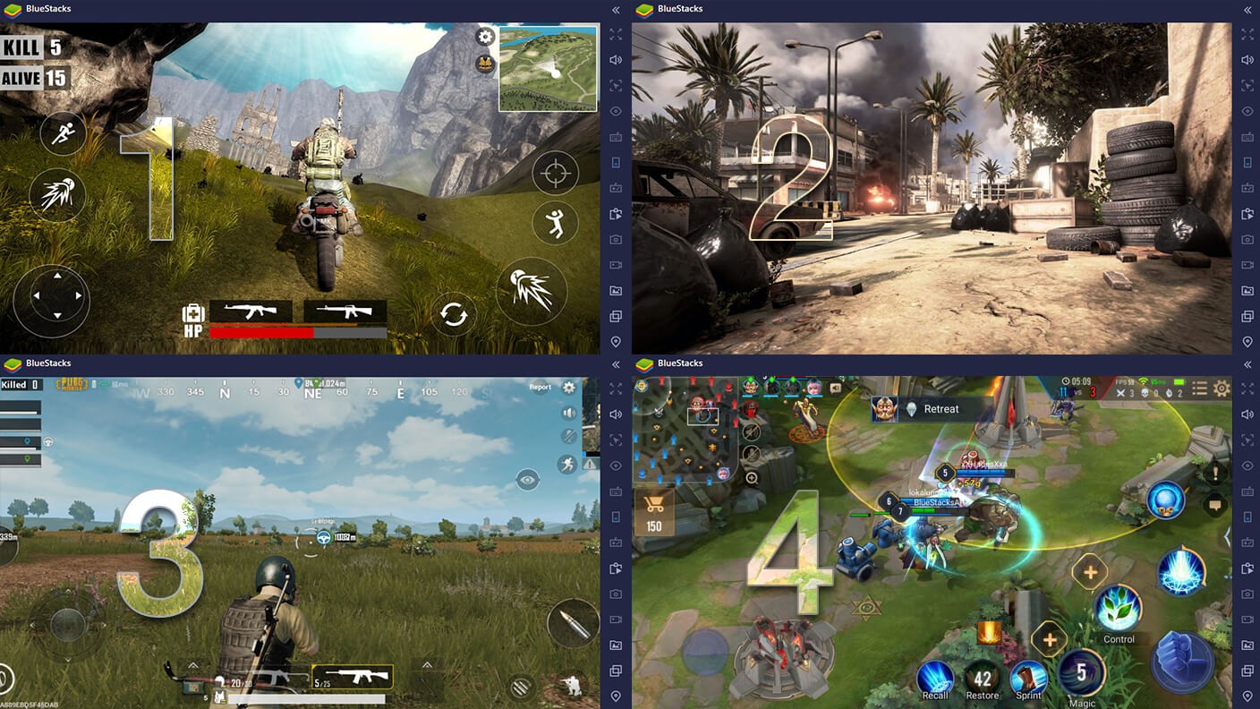 Minh họa giao diện quản lý nhiều phiên bản BlueStacks đang chạy đồng thời