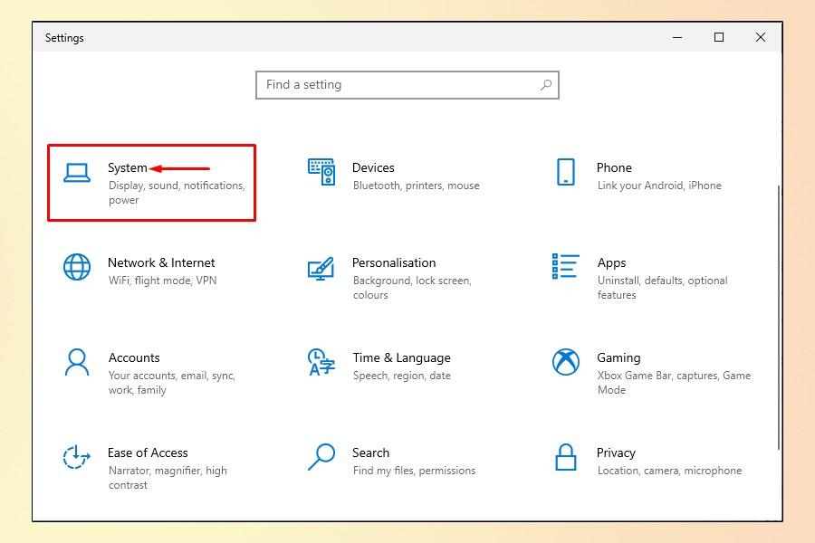 Giao diện Settings trên Windows 10, hiển thị mục System để người dùng lựa chọn