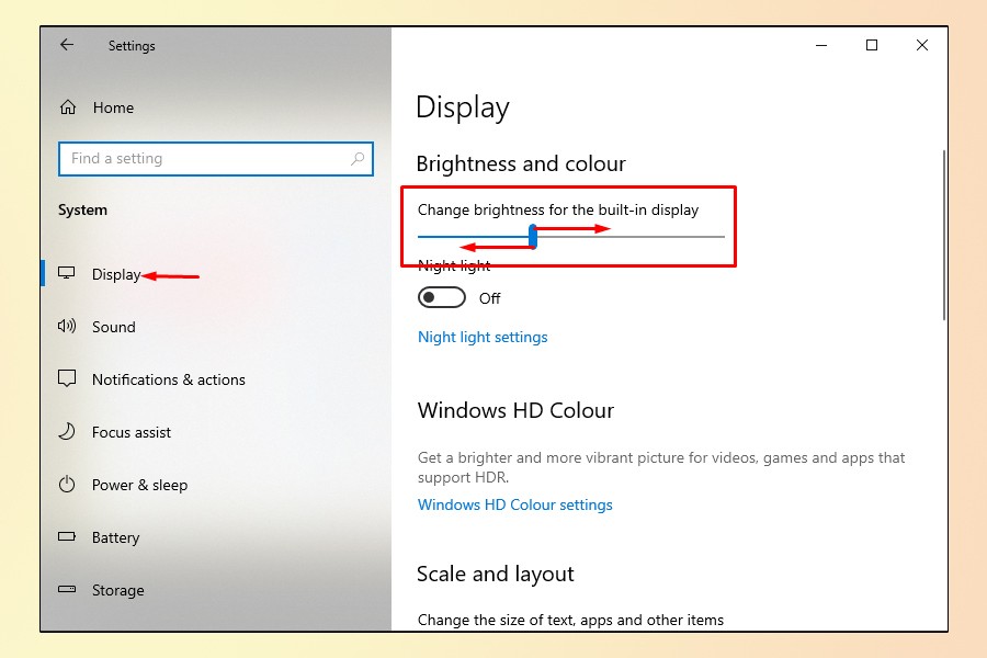 Thanh trượt điều chỉnh độ sáng và màu sắc hiển thị trên màn hình máy tính Windows
