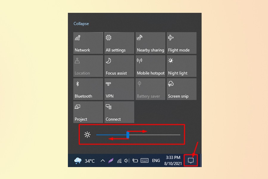 Giao diện Action Center của Windows 10, hiển thị thanh trượt để điều chỉnh độ sáng màn hình