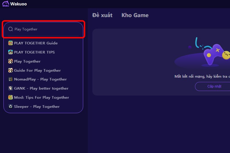 Màn hình Wakuoo với thanh tìm kiếm game Play Together