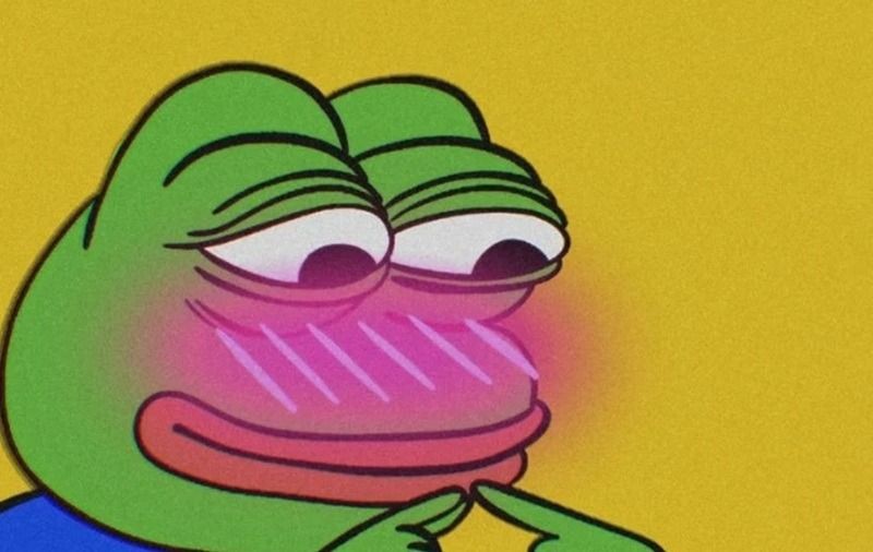Meme ếch xanh tự mãn với ánh mắt láu lỉnh và nụ cười bí ẩn