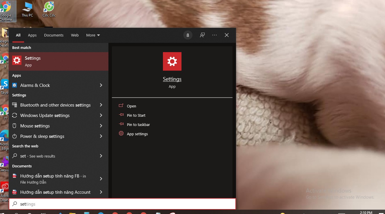 Mở ứng dụng Cài đặt (Settings) trên Windows 10