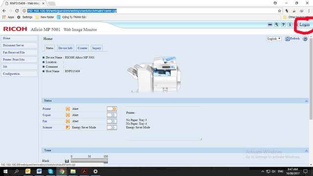 Trang đăng nhập giao diện quản lý web của máy photocopy Ricoh