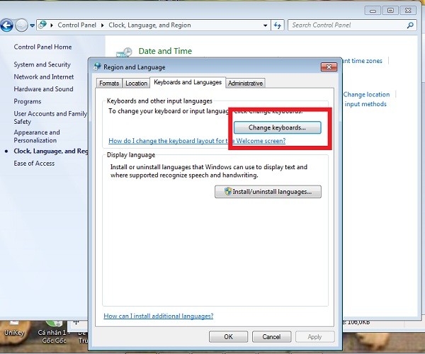 Chọn Keyboards and Languages rồi Change keyboards