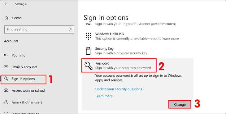 Bạn vào mục Sign-in options, chọn Password và nhấn vào Change
