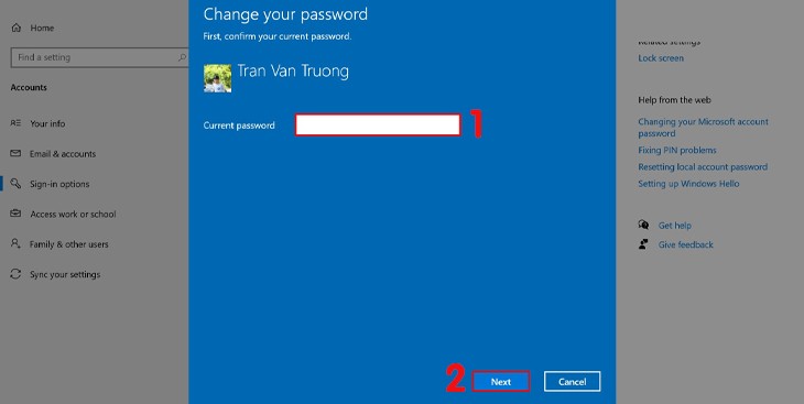 Bạn điền Current password (mật khẩu hiện tại) vào