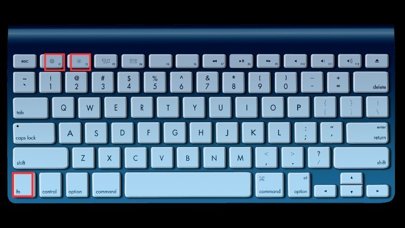 Bàn phím laptop với phím Fn và F2 có biểu tượng tăng sáng