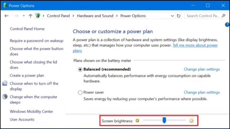 Thanh trượt Screen brightness trong Power Options để điều chỉnh độ sáng