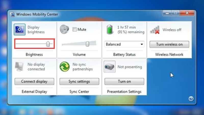 Thanh trượt điều chỉnh độ sáng màn hình trong Windows Mobility Center