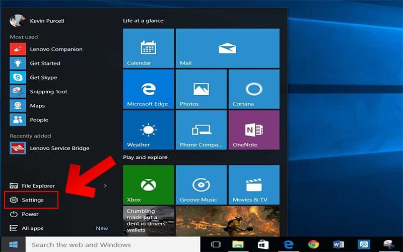 Mở Settings từ Start Menu trên Windows 10