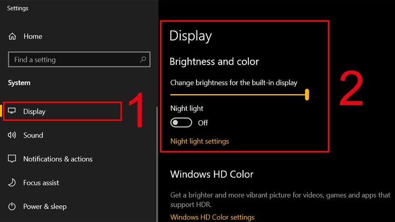 Điều chỉnh thanh độ sáng trong Display settings