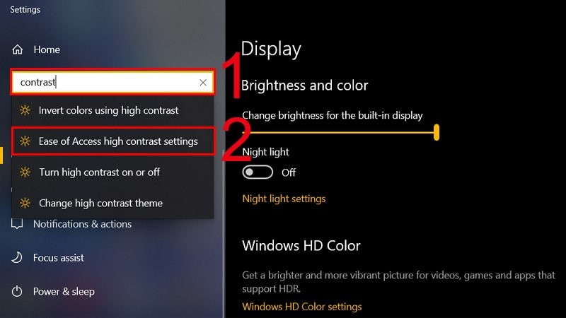 Tìm kiếm Contrast trong Settings