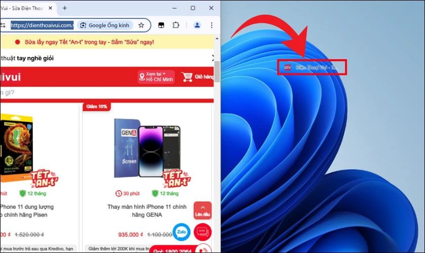 Kéo và thả địa chỉ trang web từ thanh địa chỉ ra màn hình Desktop