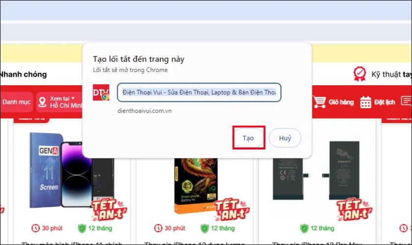 Cửa sổ nhỏ hiện ra để đặt tên và tạo lối tắt cho trang web trên Chrome
