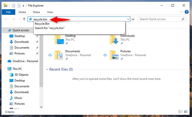 Trong Windows 10, nhập "Recycle Bin" vào thanh địa chỉ của File Explorer và nhấn Enter