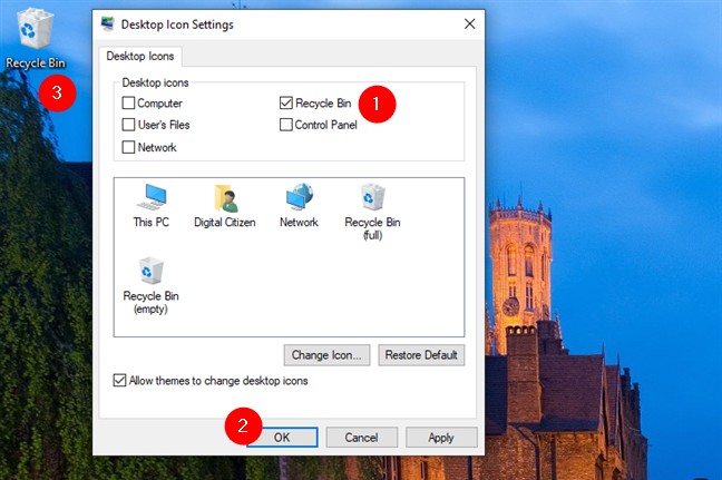 Thiết lập hiển thị biểu tượng Recycle Bin trong cài đặt Windows