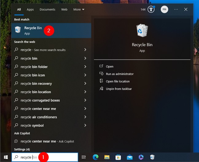 Sử dụng thanh tìm kiếm để mở Recycle Bin trong Windows 10