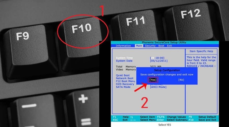 Nhấn phím F10 để lưu các thay đổi cấu hình và tiếp tục quá trình.