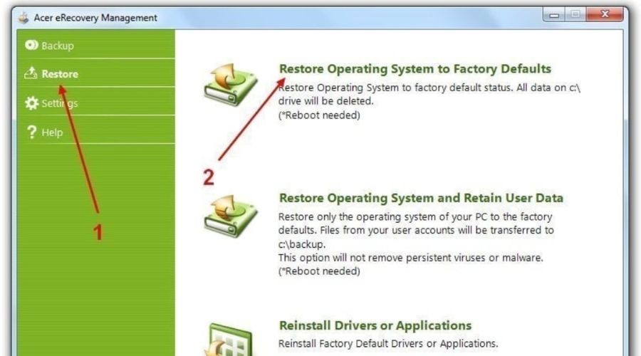 Chọn chế độ khôi phục phù hợp với nhu cầu của bạn, ví dụ: System Restore hoặc Factory Reset.