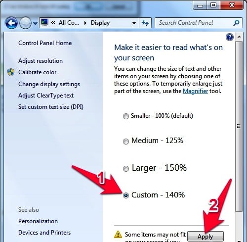 Các tùy chọn kích thước văn bản mặc định trong Windows 7/8