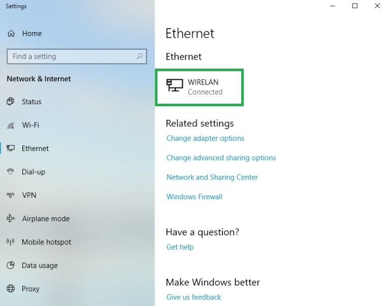 Kiểm tra trạng thái kết nối Ethernet trong phần Cài đặt Mạng & Internet trên Windows 10