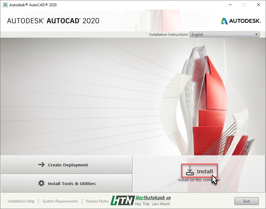 Màn hình chào mừng cài đặt AutoCAD với tùy chọn "Install on this computer"