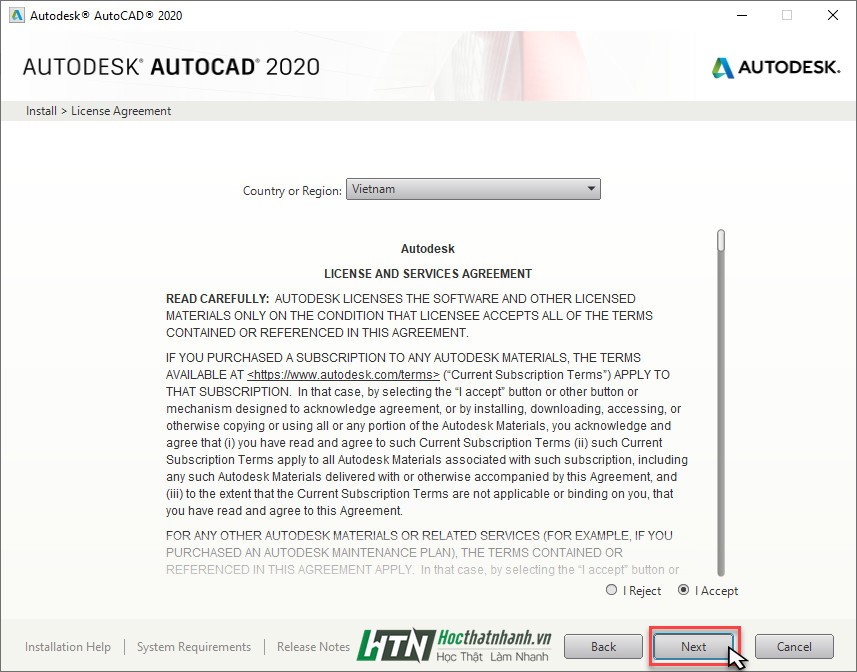 Màn hình đồng ý các điều khoản và điều kiện sử dụng phần mềm AutoCAD