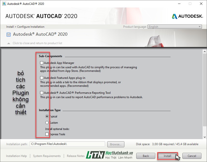 Quá trình cài đặt AutoCAD đang diễn ra, hiển thị các bước đang thực hiện
