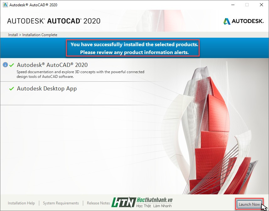 Thông báo cài đặt AutoCAD thành công với nút "Launch Now" để khởi động