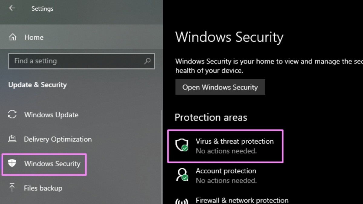 Trong Windows Security, chọn Virus & threat protection