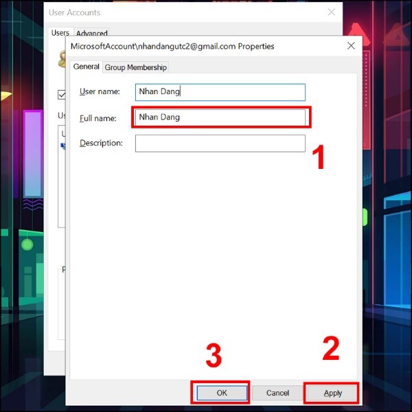 Nhập tên người dùng mới và nhấn Apply