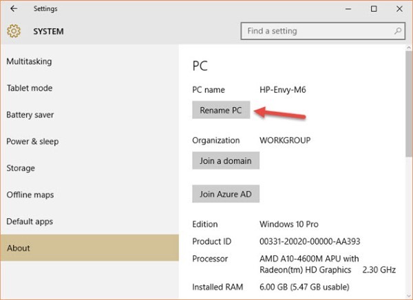 Nhấn vào Rename this PC